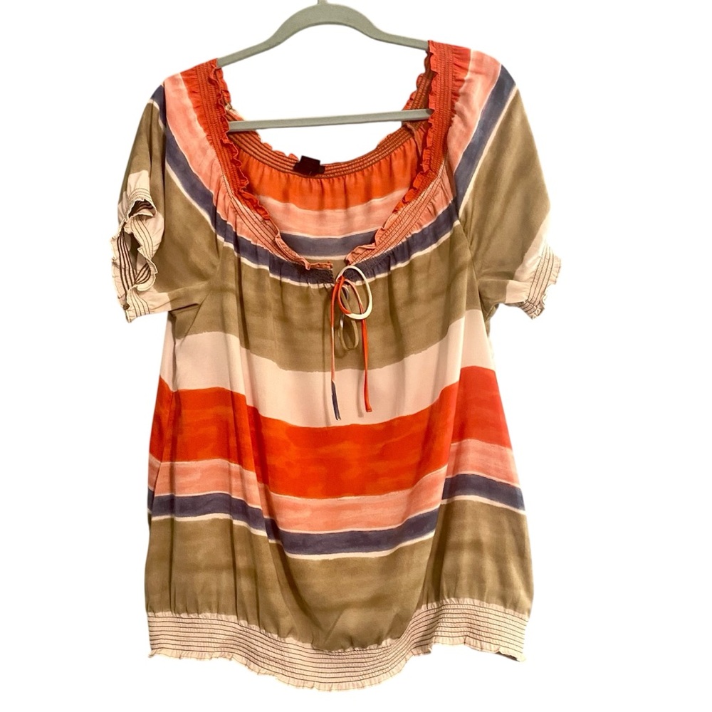 Ann Taylor Multicolor Neutrals Striped Fall Color Puff Sleeve Blouse Sz M